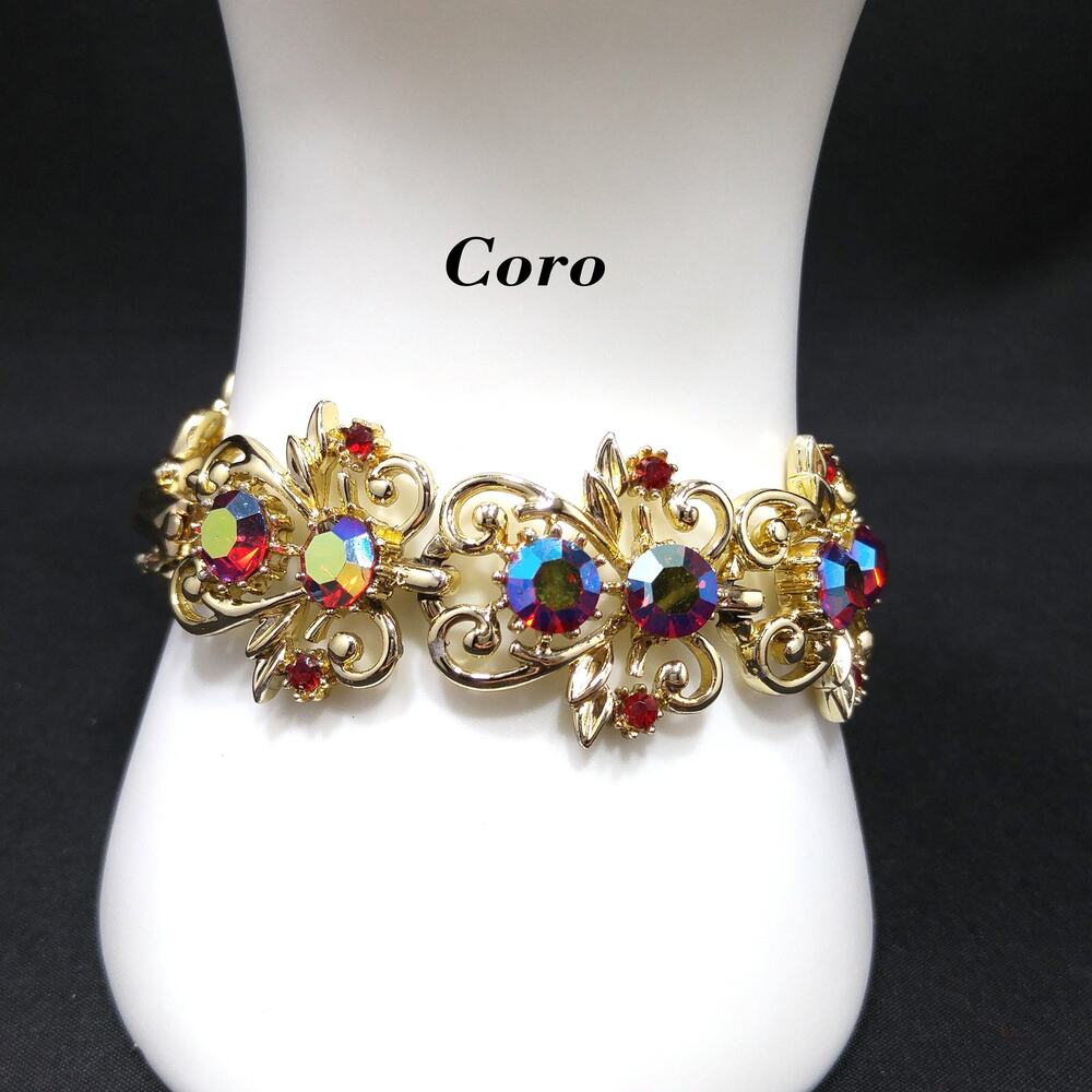 Vintage Coro Red AB Rhinestone Gold Bracelet Wide Link 1960s